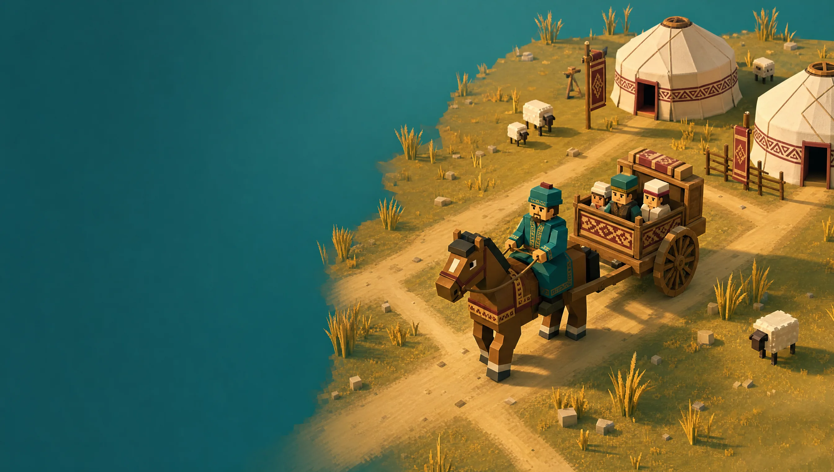 A cart carrying travellers through a yurt village on the Kazakh steppe.